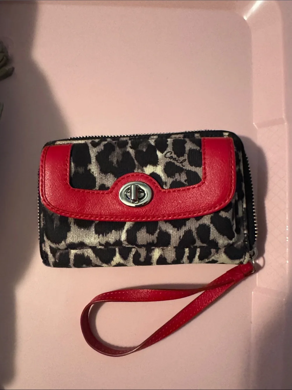 Coach Leopard-Print Wristlet with Red Leather Trim